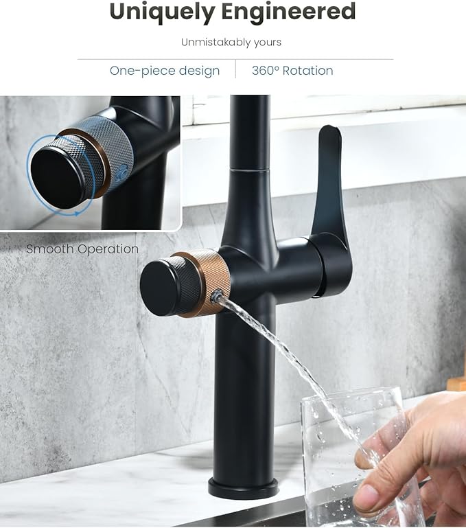 APPASO Black Kitchen Faucet with Water Filter, cUPC Certified Hoses, 3 Way Sink Faucets with Pull Down Sprayer 3 Modes, Single-Handle High Arch 3 in 1 Faucet, Without Water Filtration Device