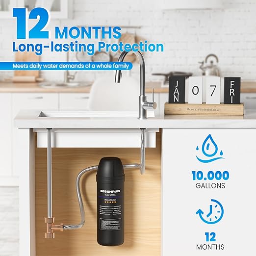 Under Sink Water Filter, House Faucet Water Filter for Kitchen Sink, Under Counter Direct Connect to Kitchen Faucet, Reduces 99% Chlorine, Bad Taste & Odor, 10000 Gallons, by DESENRUIS