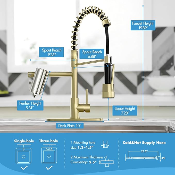 AIMADI Gold Kitchen Faucet with Water Filter and Deck Plate, Commercial Spring Brushed Gold Pull Down Kitchen Sink Faucet for Drinking Water, Farmhouse, RV, Utility or Laundry Sink