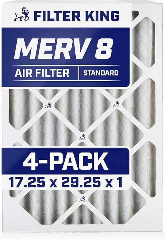 Filter King 17.25x29.25x1 Air Filter (MERV 8) (4-Pack) Dust & Allergy Control AC Furnace Filters, MADE IN USA, HVAC, Pleated, Electrostatic (Actual Size: 17.25 x 29.25 x .75)
