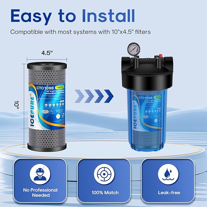 ICEPURE 10"X4.5",1 Microns Whole House Sediment Activated Carbon Water Filter Compatible with Dupont WFHDC8001,EP Series,EPM Series,CB-BB-10, GE FXHTC, GXWH40L, GXWH35F, GNWH38S, CTO10BB,3PACK