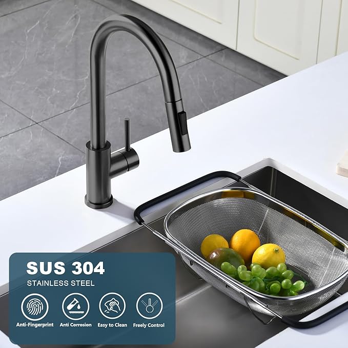 Tohlar Gray Kitchen Faucets with Pull Down Sprayer, Single Handle Kitchen Sink Faucet Gun Black Modern Staninless Steel Kitchen Faucet with Deck Plate, Gray