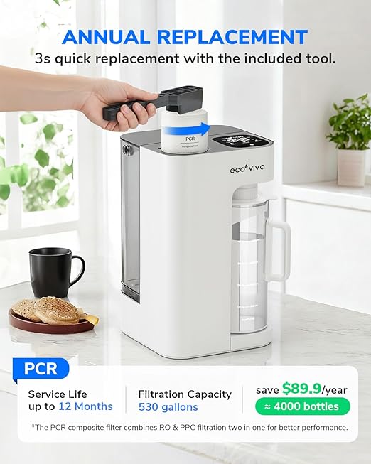 Mate 3 Countertop Reverse Osmosis Water Filter with 2 Smart Auto-Filling Pitchers, 8 Stage RO Water Filtration System, Water Purifier for Home, Office, 3:1 Pure to Drain, White