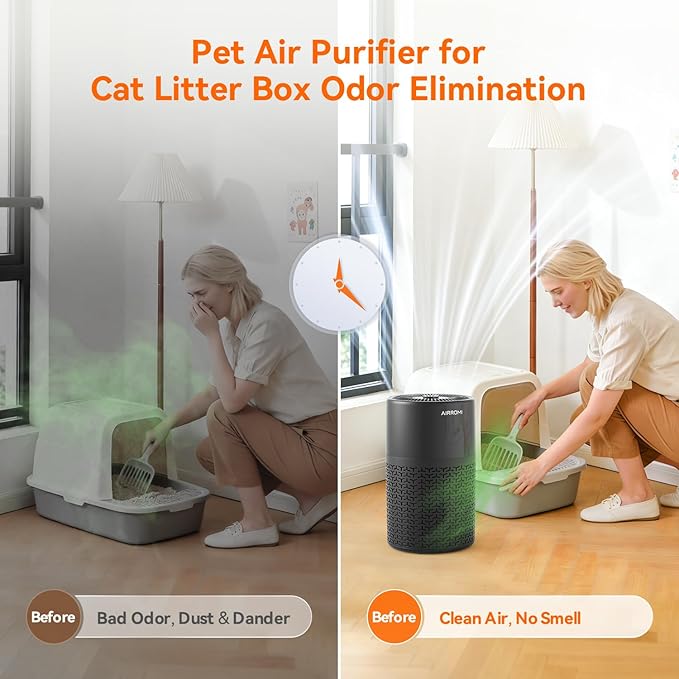 AIRROMI Pets Air Purifier for Home Allergies,Up to 660 ft².HEPA Deodorizing Activated Carbon Filter,With Fragrance Sponge for Better Sleep,Night Light,Pet Dander,Smoke,Odors,Air Cleaner A2002 Black