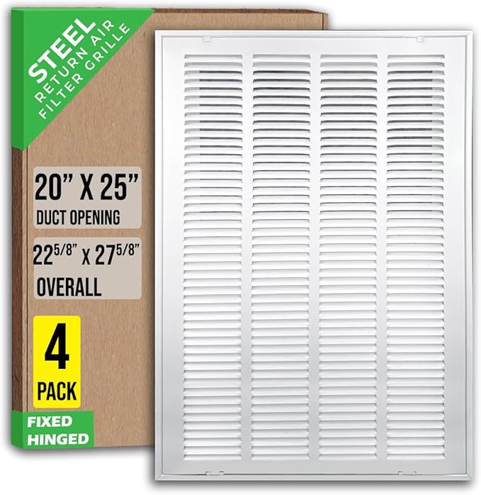 [4 Pack] Fits 20x25 Duct Opening | Steel Return Air Filter Grille by Handua [Fixed Hinged] Vent Cover Grill for Sidewall and Ceiling | White | Outer Dimensions: 22 5/8"W X 27 5/8"H