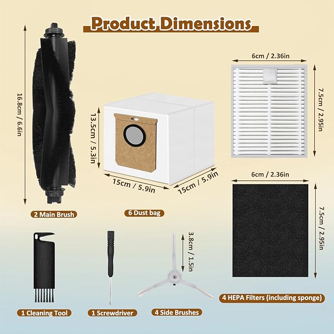 VIEWALL 18 Pack L60 Accessories Kit Replacement Compatible with Eufy L60 / L50 Robot Vacuum, Accessories Kit 2 Roller Brush, 4 Side Brushes, 4 Filters, 6 Dust bags, 1 Screwdriver, 1 Cleaning tool