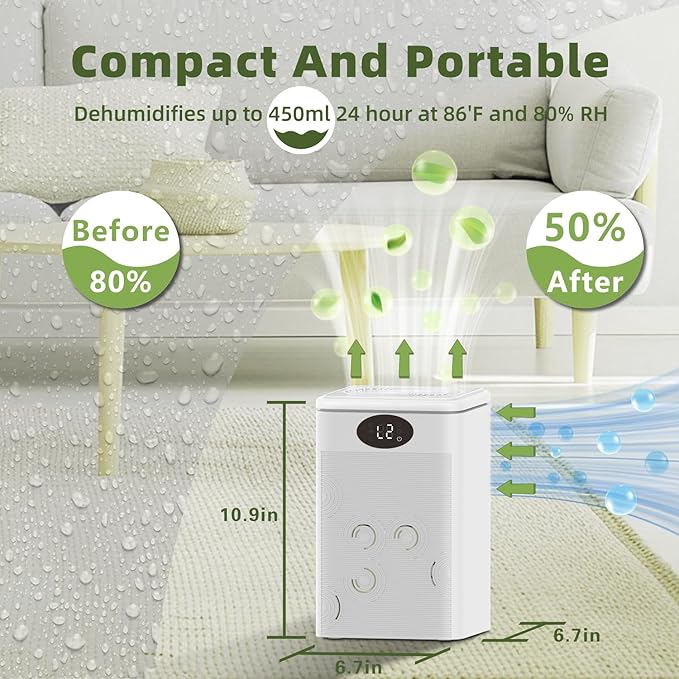MTOX® Dehumidifier, 75oz Small Quiet Dehumidifiers for Home Bathroom Bedroom Basement RV,Sleep Mode, Auto Shut Off, 7 Colors LED Light, Green and white