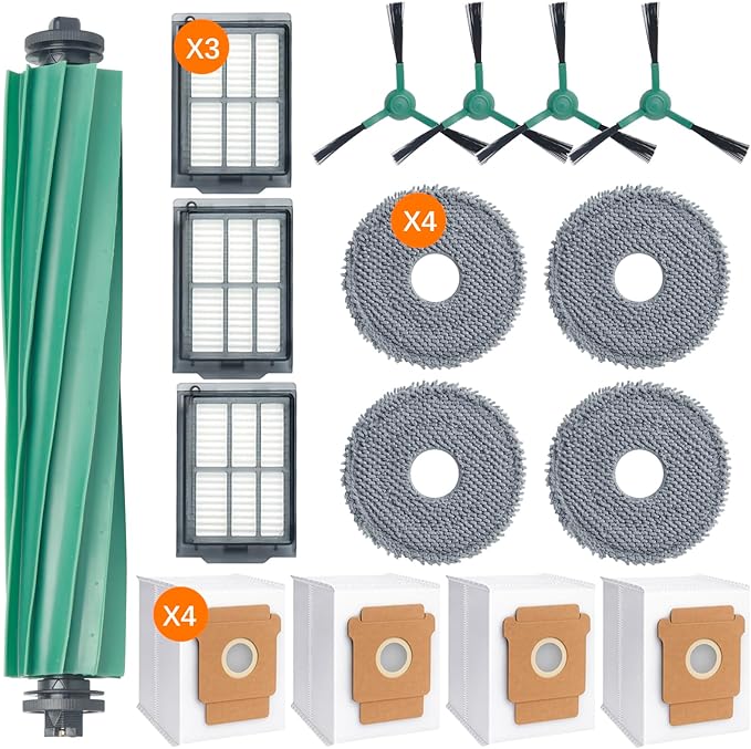 16 Replacement Part Accessories for iRobot Roomba Plus 505 Combo & 405 Combo & 507 Combo Vacuum Cleaner, 1 Roller Brushes 3 Hepa Filter 4 Dust Bags 4 Side Brush 4 Mop Pads 1 Cleaning Brush
