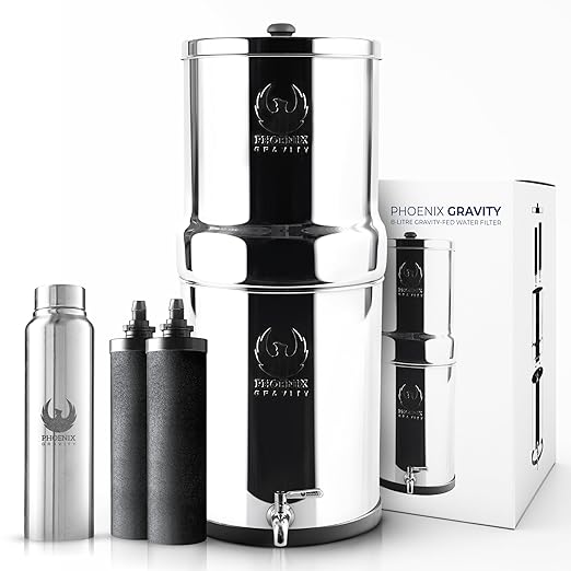 2.25 G Gravity Water Filter System | Dual Carbon Filtration | NSF/ANSI 42 & 372 Certified | Removes 99.9% Lead, PFAS, Chlorine & 200+ Contaminants | Countertop Stainless Steel Water Filter | Portable