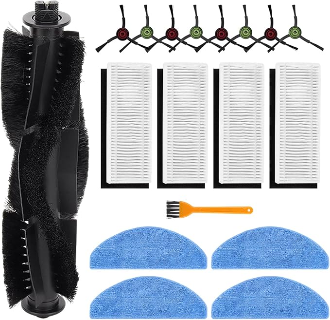Replacement Parts for Tikom G8000 MAX/TikomL8000 Pro (2025 Year Versions) Robot Vacuum Cleaner - Spare Accessories - 1 Main Roller Brush 8 Side Brushes 4 HEPA Filters 4 Mop Pads and 1 Brush
