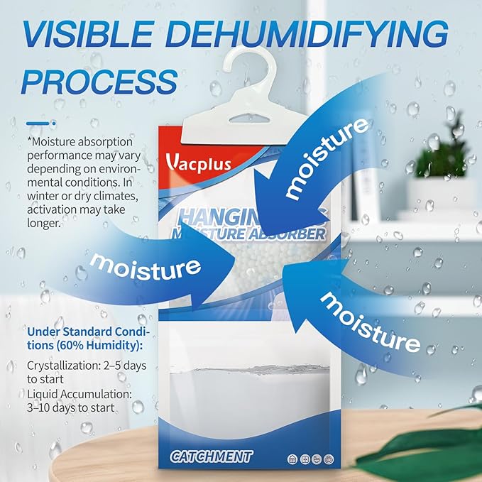 Vacplus Moisture Absorbers, Hanging Closet Dehumidifier Bags, Humidity Packs, Desiccant, Closet Dehumidifiers with Ocean Breeze Fragrance, 10 Pack, 9.8 OZ