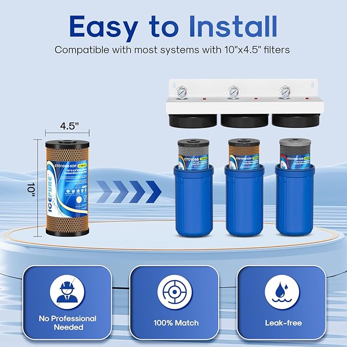 ICEPURE 4.5"x 10" Whole House Water Filter Set, 3-Stage Water Filtration System Combo Kit with Activated Carbon Block, KDF Cartridge and Upgraded Activated Carbon Heavy Metal Remove Filter, Pack of 1