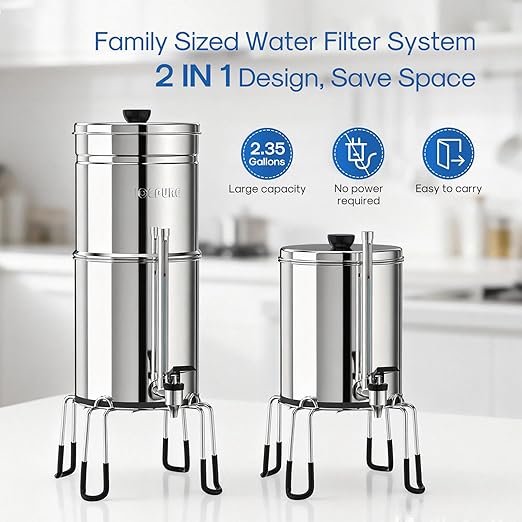 ICEPURE 2.25G Gravity-fed Water Filter System with Sight Glass Spigot, 304 Stainless Steel Countertop System, 2 Black Carbon Filters and Stand, Reduce 99% Chlorine, Lead for Home, Camping, Emergencies