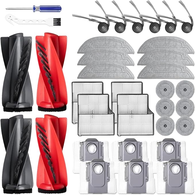 Accessories Replacement Parts Compatible with Roborock Saros 10 Robot Vacuum Cleaner Kit 2 Dual Main Brush 4 HEPA Filter 6 Side Brush 6 Mop Cloth 6 Round mop 6 Dust Bag
