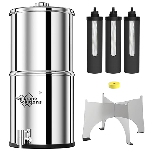 Membrane Solutions Stainless Steel 2.25G Gravity Water Filter, Countertop Water Filtration System with 3 Pack 0.1-Micron UF Filters, for Home, Camping, and RVing