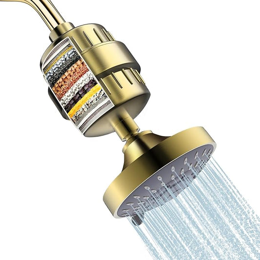 Shower Head and 15 Stage Shower Filter Combo, FEELSO High Pressure 5 Spray Filtered Showerhead with Water Softener Filters for Hard Water Remove Chlorine and Harmful Substances (Golden)