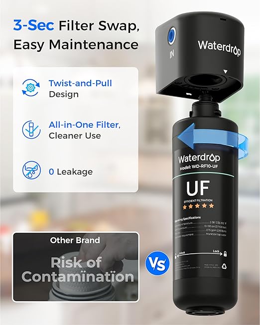 Waterdrop 10UB-UF 0.01 μm Ultra Filtration Under Sink Water Filter System, Reduces Lead, Chlorine, Bad Taste & Odor, 1 Year, with Dedicated Brushed Nickel Faucet, USA Tech