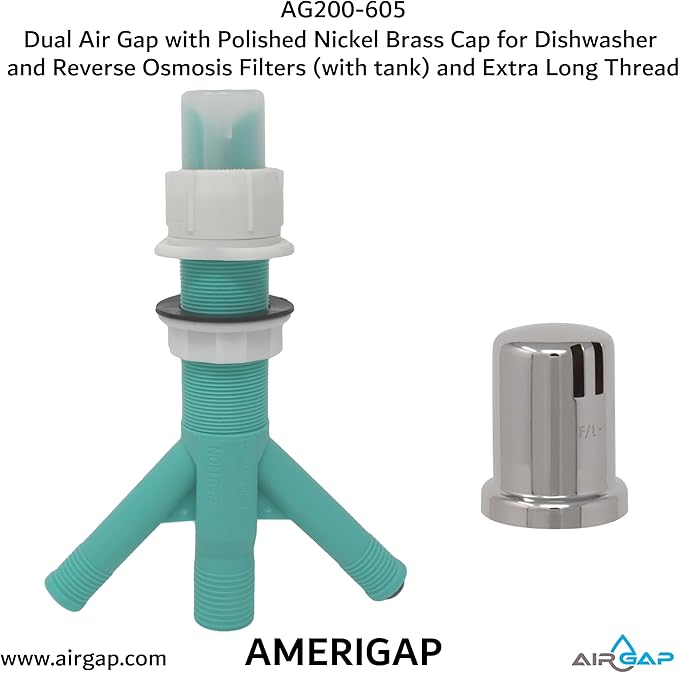 Dual Air Gap with Polished Nickel Brass Cap for Dishwasher and Reverse Osmosis Filters (with tank) and Extra Long Thread (AG200-605, AG200-X05, AMERIGAP)