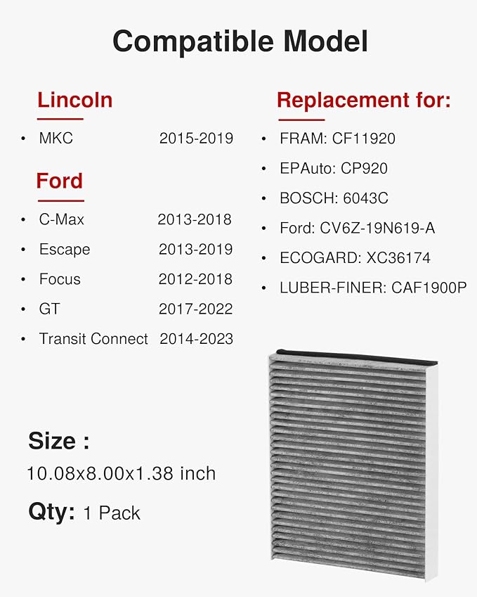 Puroma Cabin Air Filter with Activated Carbon, Replacement for CF11920, CP920, 6043C, Ford C-Max, Escape, Focus, GT, Transit Connect, Lincoln MKC