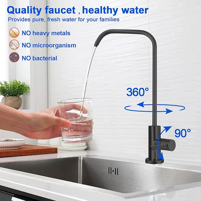 Drinking Water Faucet - Long Thread Stem Filtered Water Tap for Thick Countertop,Lead-Free RO Faucet with Hose and Push Connect Fittings(Matte Black - "7" Shape)