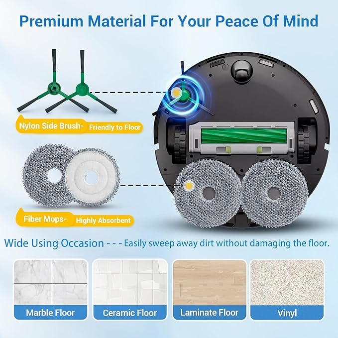 16 Replacement Part Accessories for iRobot Roomba Plus 505 Combo & 405 Combo & 507 Combo Vacuum Cleaner, 1 Roller Brushes 3 Hepa Filter 4 Dust Bags 4 Side Brush 4 Mop Pads 1 Cleaning Brush