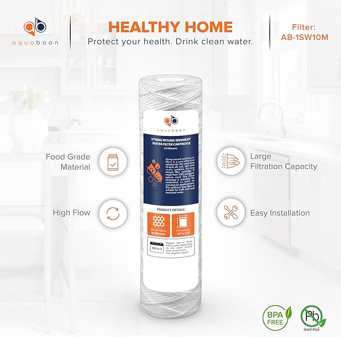 Aquaboon String Wound Water Filter Cartridge - Whole House 10 Micron Water Filter 10 x 2.5 Replacement for Well Filter Matches WHKF-WHSW, P5, 6-Pack