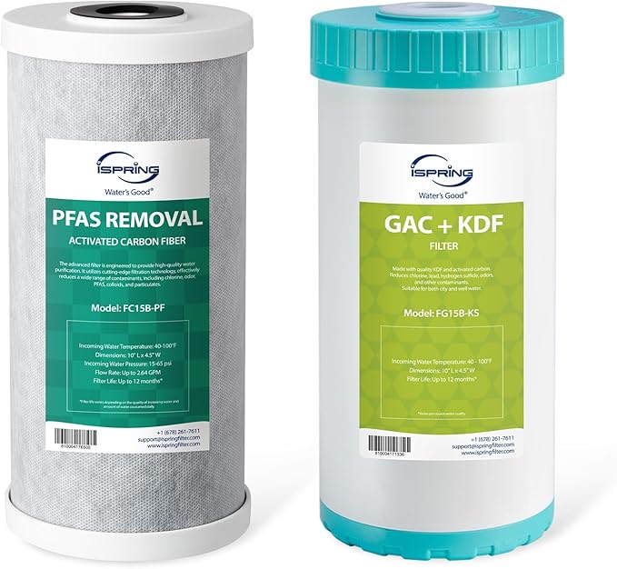 iSpring F2WGB21BPFKS 2-Stage Whole House Water Filter Replacement Set, Compact 10” x 4.5” Filters for PFAS, Heavy Metals, Chlorine & Odor Reduction, SGS-Tested Media, Fits Standard Home Systems