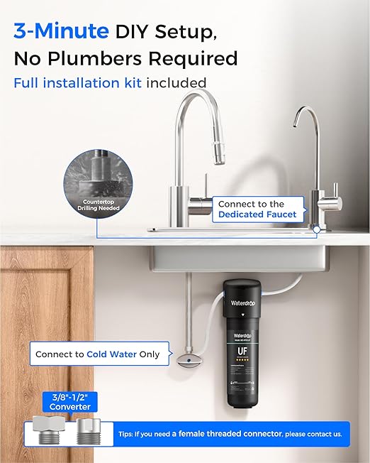 Waterdrop 10UB-UF 0.01 μm Ultra Filtration Under Sink Water Filter System, Reduces Lead, Chlorine, Bad Taste & Odor, 1 Year, with Dedicated Brushed Nickel Faucet, USA Tech