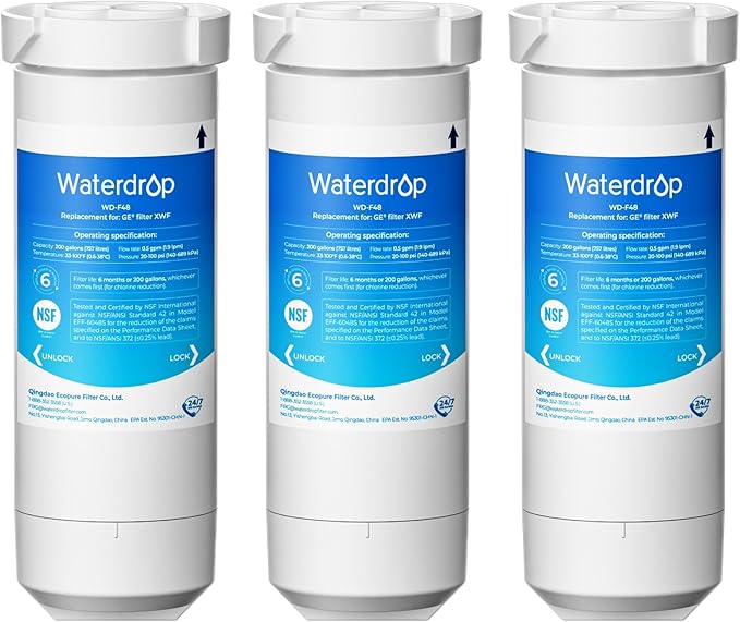 Waterdrop XWF (No-chip) Refrigerator Water Filter, Replacement for GE® WR17X30702, NSF 42/372 Certified, Compatible with GNE27, GFE26, GDE25, GSS25, PSE25 Series Refrigerators, 3-Pack (Not XWFE)