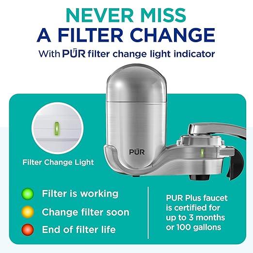 PUR PLUS Vertical Faucet Mount Water Filtration System, Lead-Reducing Filter, Great-Tasting Water, Easy Install, Lasts 100 Gallons, Compatible with Sinks with External Aerators, Stainless Steel