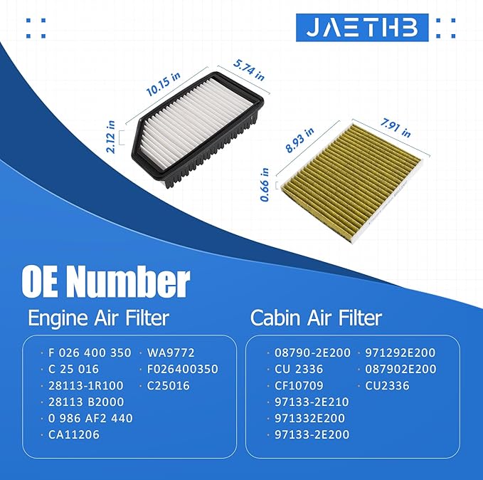 Engine & Cabin Air Filter Set for Hyundai 1.6L L4-Accent Veloster (2012 2013 2014 2015 2016 2017) Replace: 28113-1R100 WA9772 97133-2E210 CA11206 CF10709