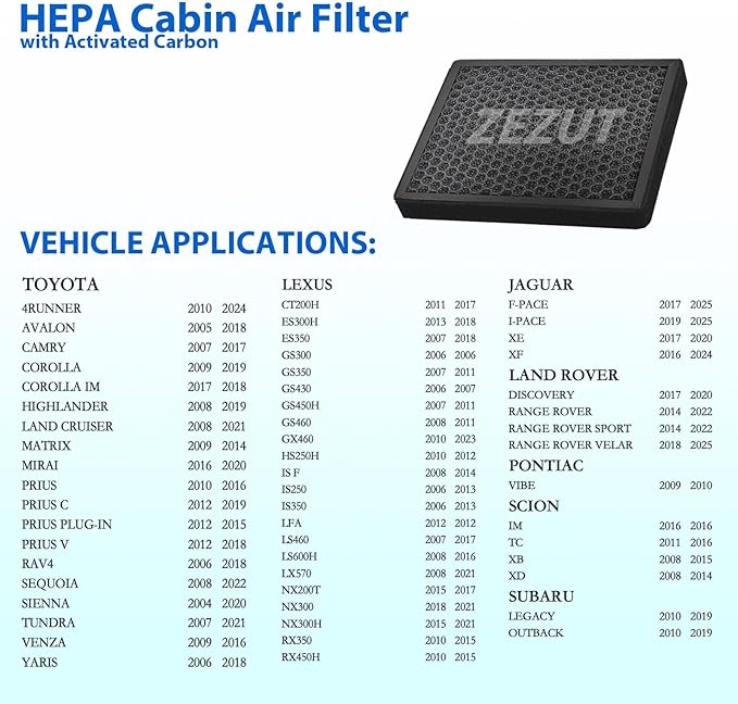 Cabin Air Filter, for Toyota & Lexus Vehicles: Camry, RAV4, Highlander, Corolla, 4Runner, Tundra, Prius, Subaru, Avalon (CF10285)