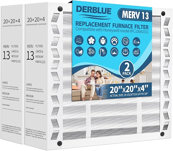 DerBlue 2PACK 20x20x4 MERV 13 Furnace Filter Replacement Compatible with Honeywell FC100A1011 Pleated HVAC,Foldable Design for Easy Installation & Space-Saving(Actual Size: 19.94 x 19.75 x 4.38 In)