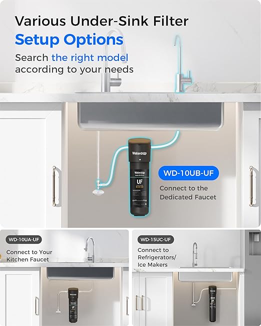 Waterdrop 10UB-UF 0.01 μm Ultra Filtration Under Sink Water Filter System, Reduces Lead, Chlorine, Bad Taste & Odor, 1 Year, with Dedicated Brushed Nickel Faucet, USA Tech