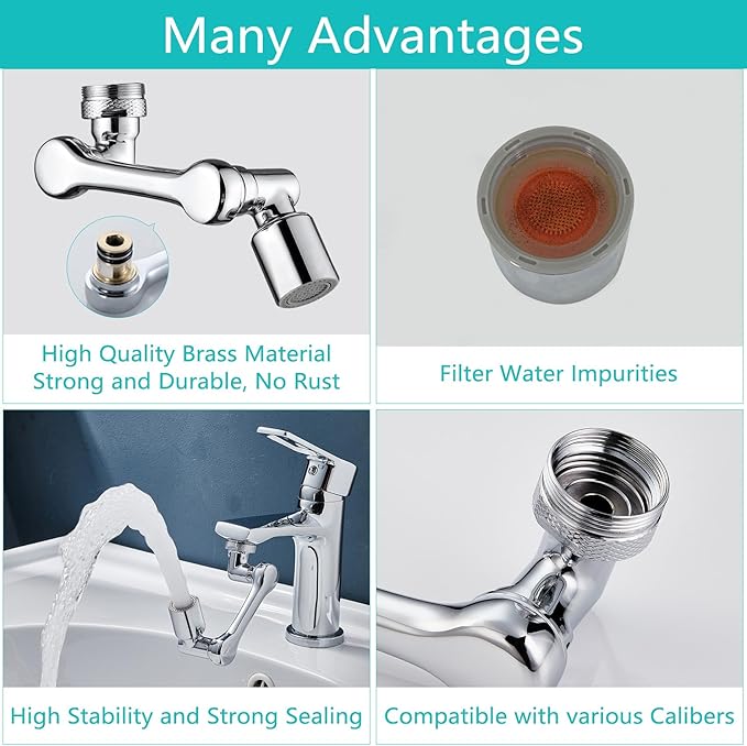 1080°Swivel Faucet Extender, Sink Water Faucet Aerator Extension in Brass, Swivel Robotic Arm Bathroom Faucet Extender, Kitchen Rotating Extension Filter with 2 Mode Splash
