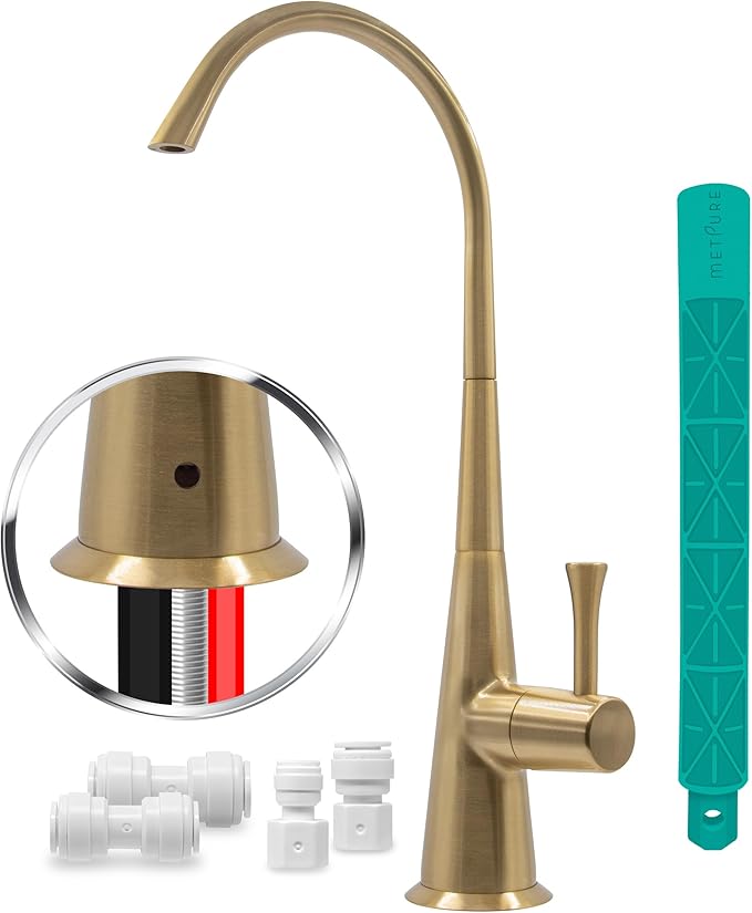 Metpure Airgap 3-Port Brass RO Faucet for Reverse Osmosis Drinking Water Systems. Features Pre-Installed Drain Tubes, Contemporary Design. Includes Wrench and Adapters. (Brushed Gold)