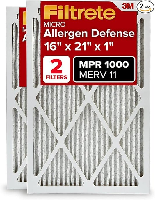 Filtrete 16x21x1 AC Furnace Air Filter, MERV 11, MPR 1000, Micro Allergen Defense, 3-Month Pleated 1-Inch Electrostatic Air Cleaning Filter, 2 Pack