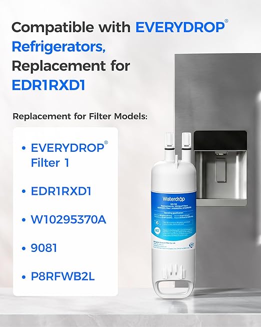 Waterdrop EDR1RXD1 Replacement for W10295370A, Everydrop® Filter 1, EDR1RXD1B, P8RFWB2L, P4RFWB, Kenmore® 46-9081, 46-9930, WD-F38 Refrigerator Water Filter, 1 Filter