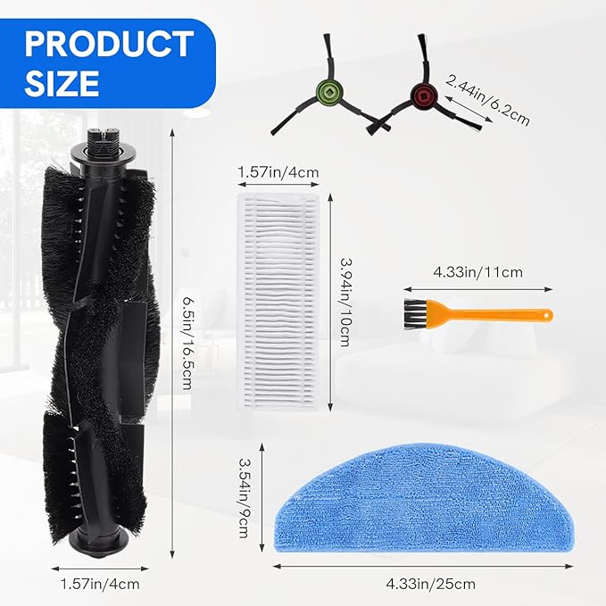 Replacement Parts for Tikom G8000 MAX/TikomL8000 Pro (2025 Year Versions) Robot Vacuum Cleaner - Spare Accessories - 1 Main Roller Brush 8 Side Brushes 4 HEPA Filters 4 Mop Pads and 1 Brush