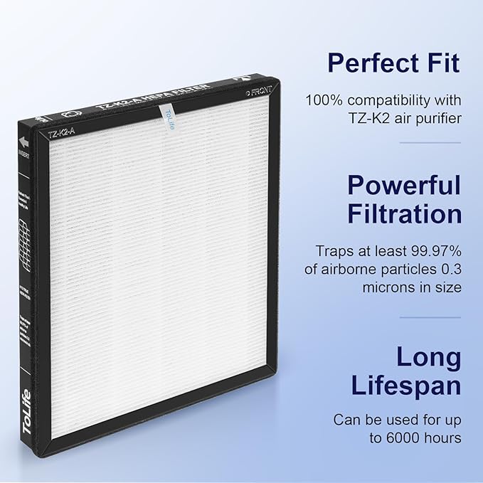 ToLife TZ-K2 Air Purifier Replacement Filter, 3-in-1 High-Efficiency Activated Carbon Filter, TZ-K2-A, 1 Pack, White