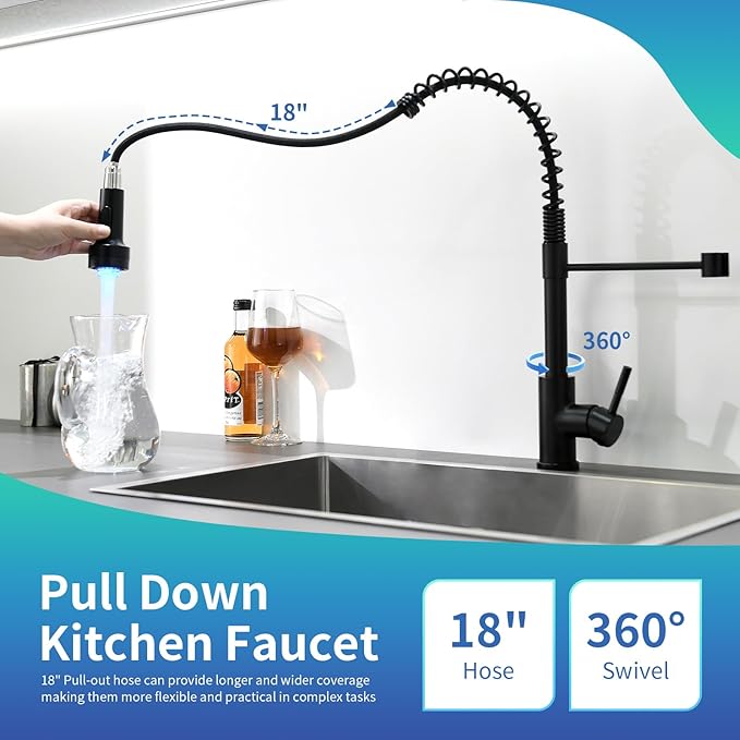 GIMILI Black Kitchen Faucet with Pull Down Sprayer Single Hole Stainless Steel LED Faucet, Suitable for Farmhouses, RV, Laundry Room, Outdoor, and Campers. Llave para fregadero de cocina