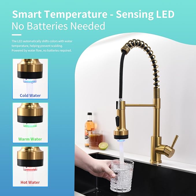 GIMILI Gold Kitchen Faucet with Pull Down Sprayer Single Hole Stainless Steel LED Faucet, Suitable for Farmhouses, RV, Laundry Room, Outdoor, and Campers. Llave para fregadero de cocina