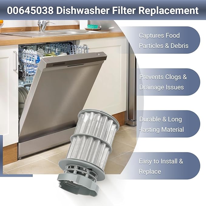 2PCS 645038 Dishwasher Filter for Bosch Thermador, Dishwasher Filter Replacement Parts AP4339631, 00651097, 1560725, 651097, AH3479708, EA3479708, PS3479708, PS8730270