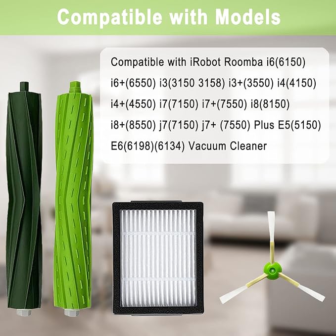 18 Pack Roomba Replacement Parts for iRobot Roomba i7 i7+ i3 i3+ i4 J7J7+/Plus i6 i6+ i5+j5+ i8 +/Plus E5 E6 E7 I & E & J Series Vacuum Cleaner, 2 Set of Roller Brush & 8 Filters & 8 Side Brushes