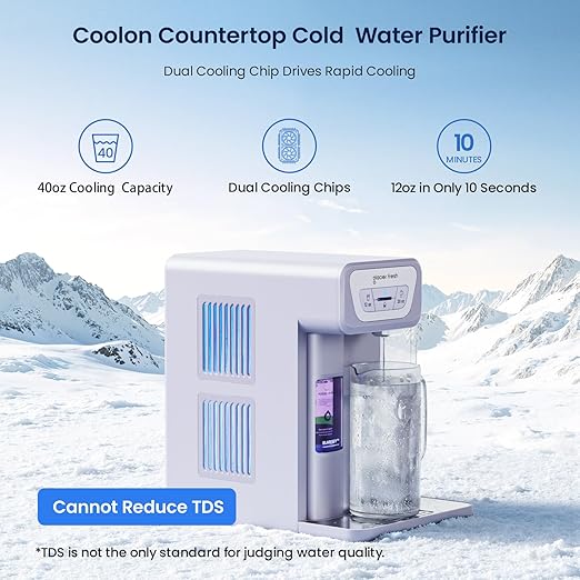 GLACIER FRESH C03 Coolon Countertop Cold Water Purifier with Upgraded Elarisey™ Filtration, Zero Wastewater System, 40oz Cooling Capacity, Low Noise, Plug & Play, NSF42&53/FCC/CA65 Certified.
