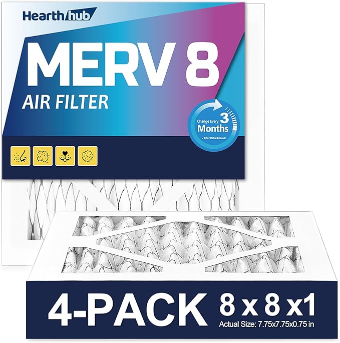 8×8×1 MERV 8 Furnace Air Filters - HVAC/Furnace AC Filter Replacement (Actual Size 7.75x7.75x0.75) - Pleated Dust Defense Air Conditioner Filters for Home Office (4 Pack)