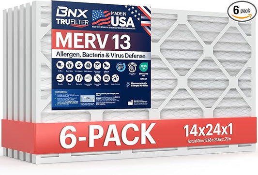 BNX TruFilter 14x24x1 Air Filter MERV 13 (6-Pack) - MADE IN USA - Electrostatic Pleated Air Conditioner HVAC AC Furnace Filters for Allergies, Pollen, Mold, Bacteria, Smoke, Allergen, MPR 1900 FPR 10
