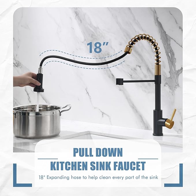 GIMILI Black and Gold Kitchen Faucet with Pull Down Sprayer Single Hole Stainless Steel Sink Faucet, Suitable for Farmhouses, RV, Laundry Room, Outdoor, and Campers. Llave para fregadero de cocina
