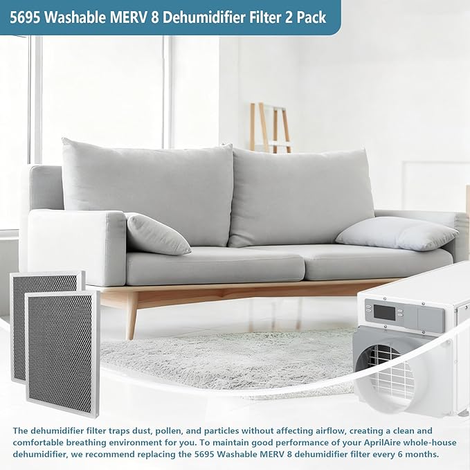 5695 Washable MERV 8 Dehumidifier Filter Compatible with AprilAire Whole-House Dehumidifier Models 1820 1820Z E070 E070KZ E070KZM E070N E070T E070Z 8x12x1 inch Replacement Filter 2 Pack
