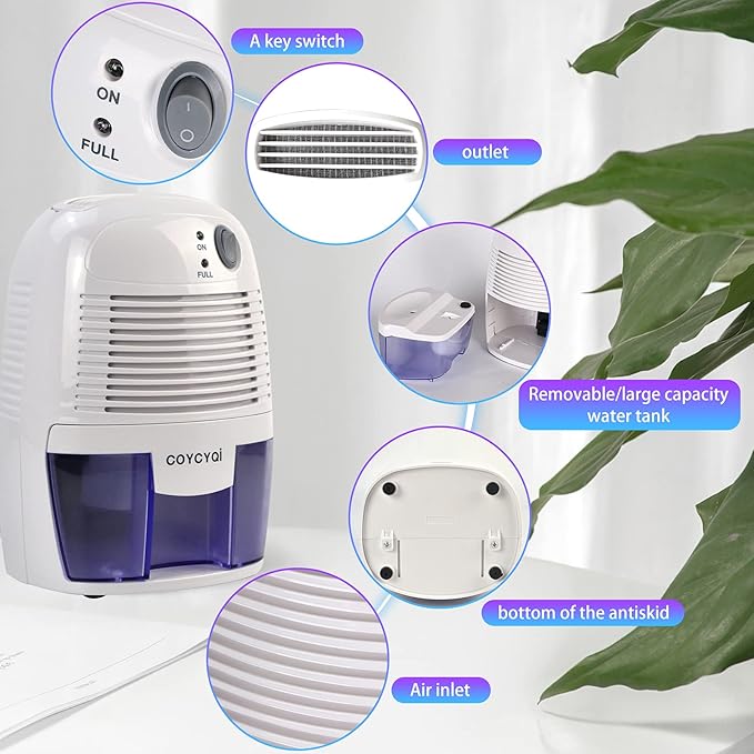 Small Dehumidifier,12V3A adapter，1200 Cubic Feet (215 sq ft) Portable Mini Dehumidifier Quiet Use for High Humidity in Home, Bathroom, Bedroom, Office, Basements, Wardrobe Closet,RV
